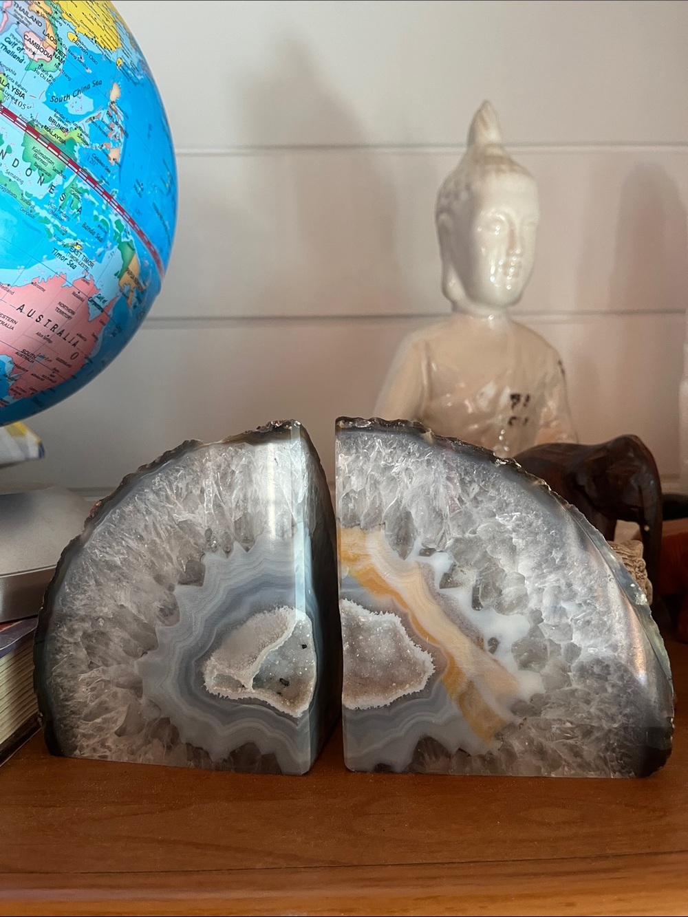 Natural Agate Geode Bookends - Gray and White
